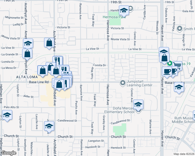 map of restaurants, bars, coffee shops, grocery stores, and more near 10016 1/2 Base Line Road in Rancho Cucamonga