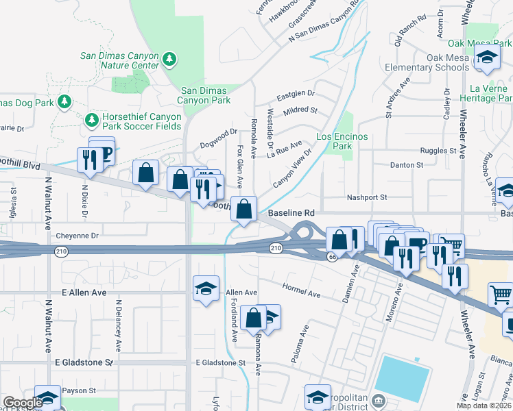map of restaurants, bars, coffee shops, grocery stores, and more near 900 Canyon View Drive in La Verne