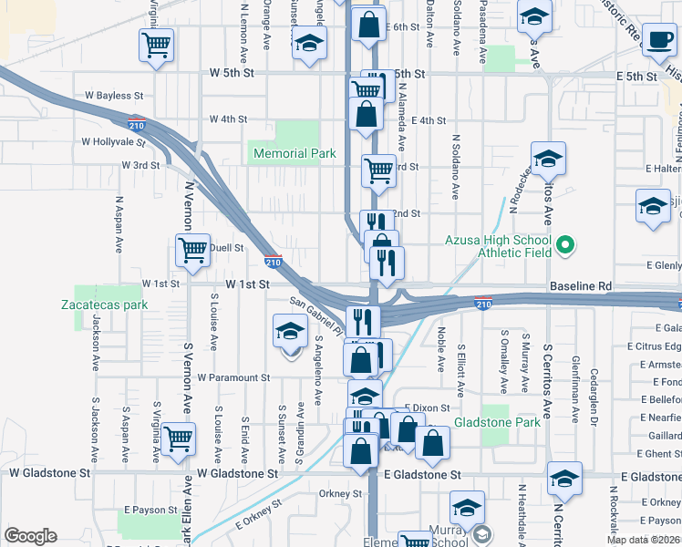 map of restaurants, bars, coffee shops, grocery stores, and more near 111 North San Gabriel Avenue in Azusa