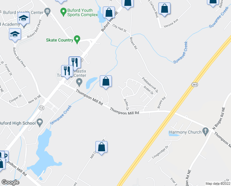map of restaurants, bars, coffee shops, grocery stores, and more near 2725 Faith Industrial Drive Northeast in Buford