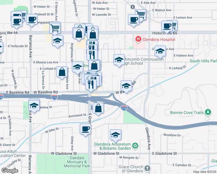 map of restaurants, bars, coffee shops, grocery stores, and more near 950 Bryant Circle South in Glendora