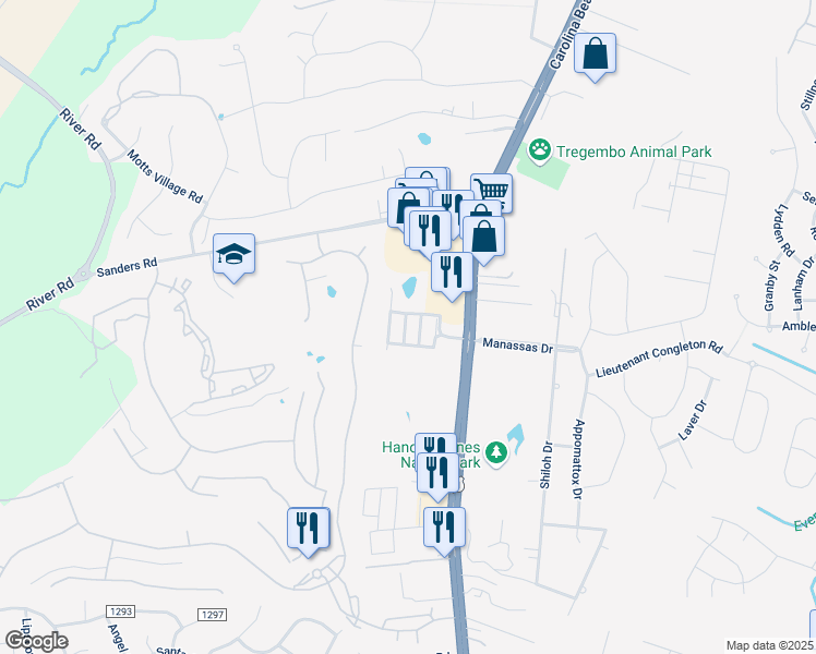 map of restaurants, bars, coffee shops, grocery stores, and more near 6009 Slipper Shell Street in Wilmington