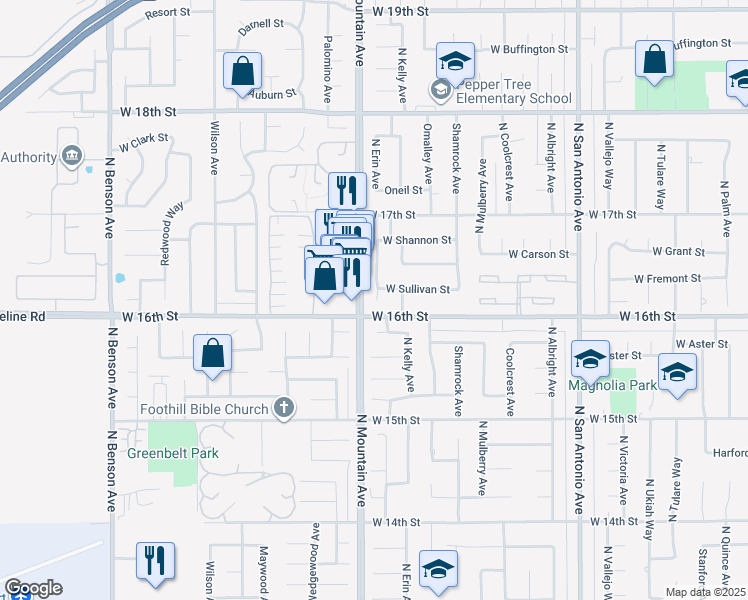 map of restaurants, bars, coffee shops, grocery stores, and more near 1613 Erin Avenue in Upland