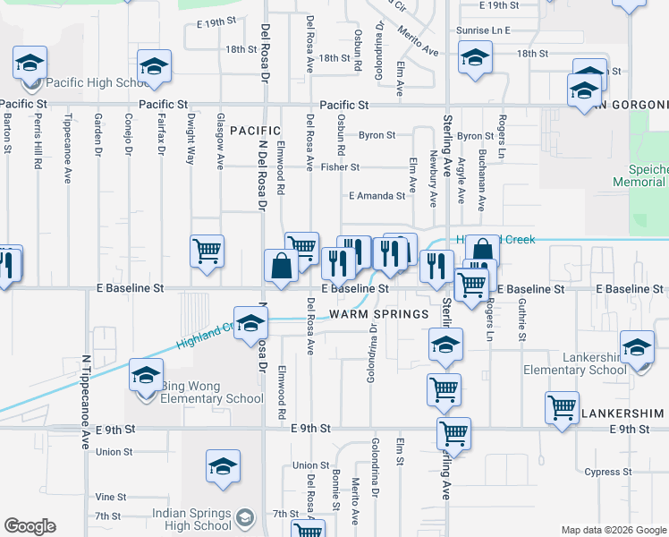 map of restaurants, bars, coffee shops, grocery stores, and more near 7252 Osbun Road in San Bernardino