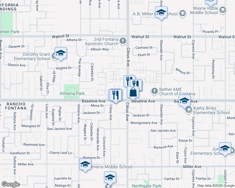 map of restaurants, bars, coffee shops, grocery stores, and more near 16064 Symphony Lane in Fontana