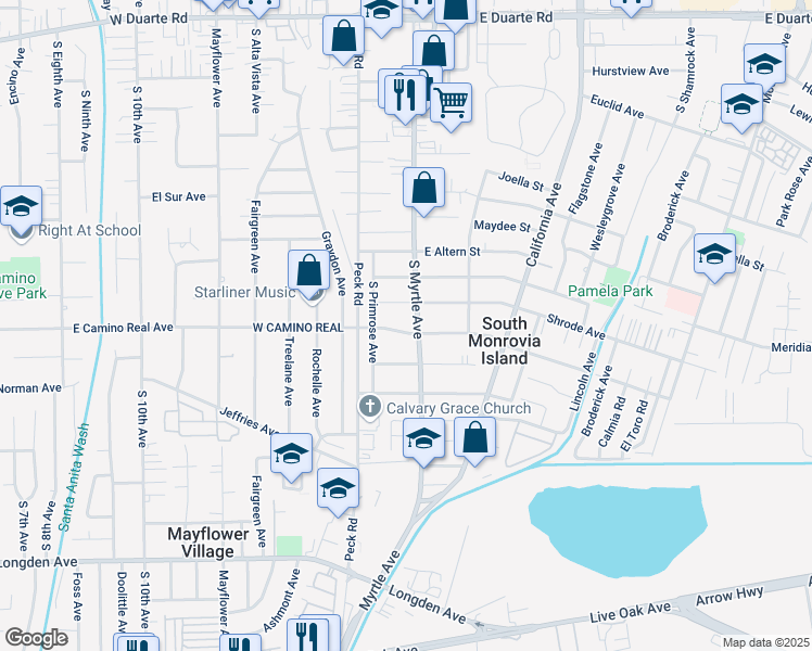 map of restaurants, bars, coffee shops, grocery stores, and more near 155 East Camino Real Street in Monrovia