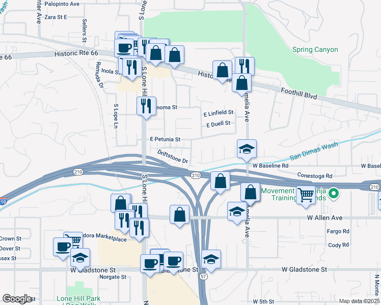 map of restaurants, bars, coffee shops, grocery stores, and more near 942 Sandstone Drive in Glendora