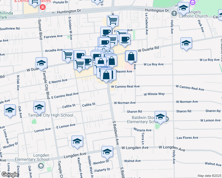 map of restaurants, bars, coffee shops, grocery stores, and more near 1510 South Baldwin Avenue in Arcadia