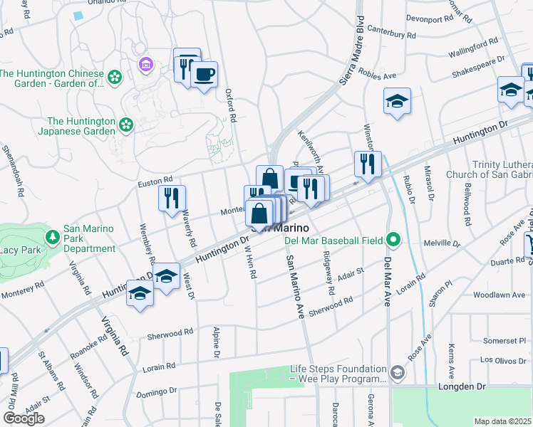 map of restaurants, bars, coffee shops, grocery stores, and more near 1477 San Marino Avenue in San Marino
