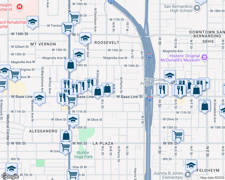 map of restaurants, bars, coffee shops, grocery stores, and more near 1240 North K Street in San Bernardino