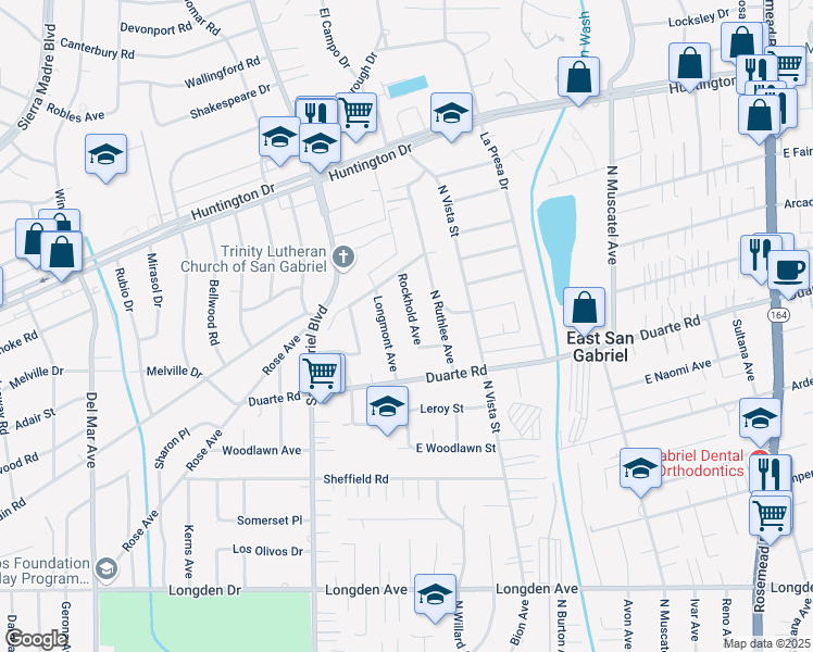 map of restaurants, bars, coffee shops, grocery stores, and more near 6761 Rockhold Avenue in San Gabriel
