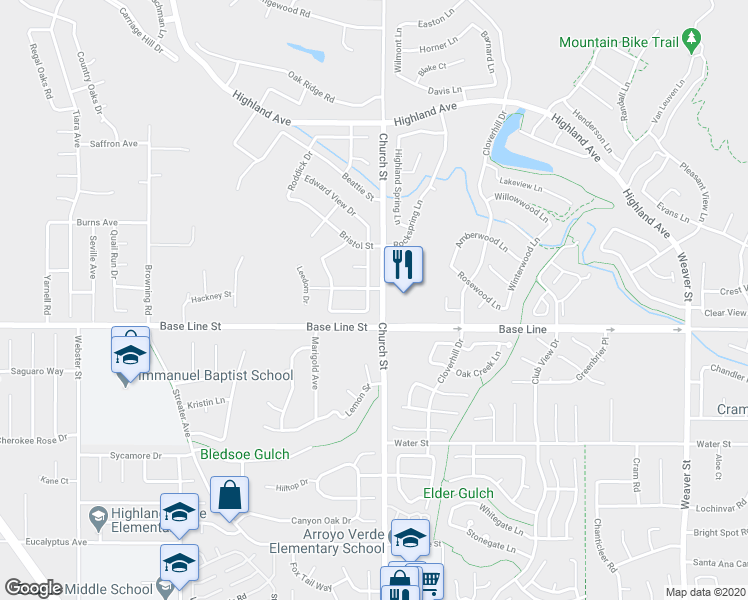 map of restaurants, bars, coffee shops, grocery stores, and more near 7249 Fletcher View Drive in Highland