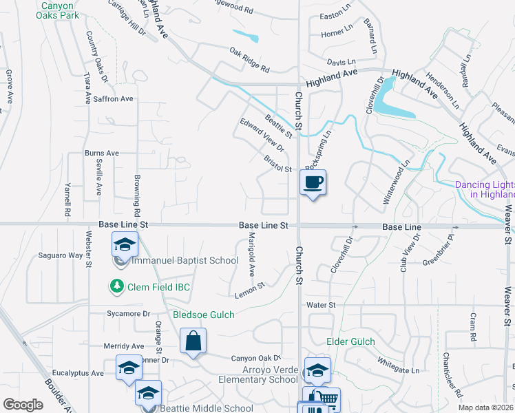 map of restaurants, bars, coffee shops, grocery stores, and more near 7253 Leedom Drive in Highland