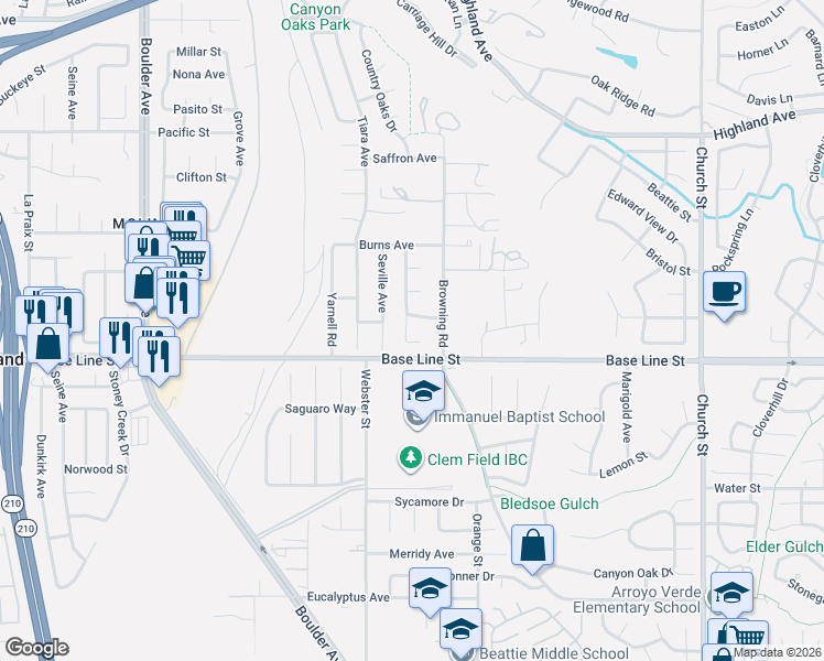 map of restaurants, bars, coffee shops, grocery stores, and more near 28382 Meadow Court in Highland