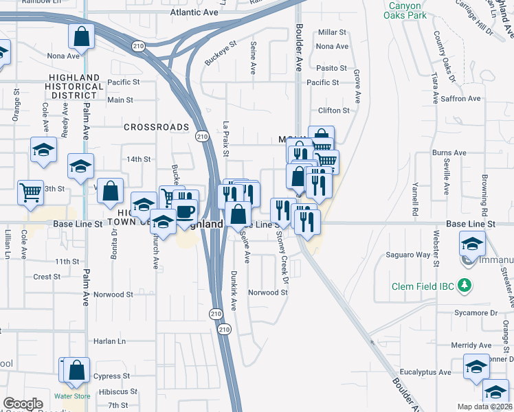 map of restaurants, bars, coffee shops, grocery stores, and more near 7280 Catalpa Avenue in Highland