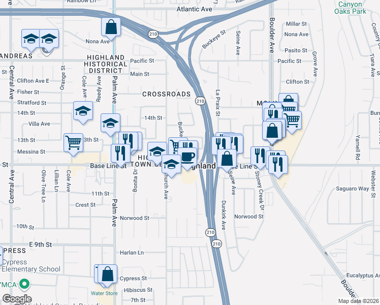 map of restaurants, bars, coffee shops, grocery stores, and more near 27591 Foster Avenue in Highland