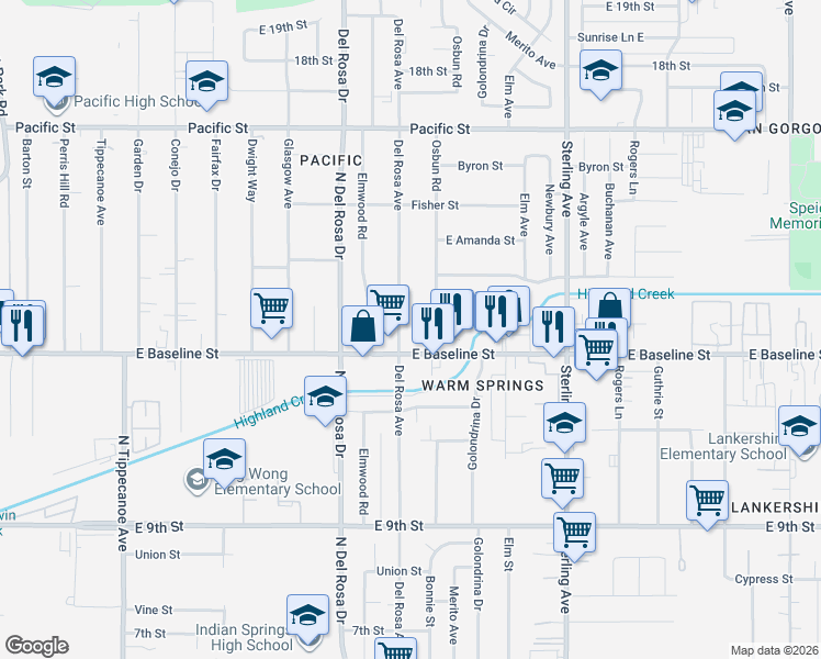 map of restaurants, bars, coffee shops, grocery stores, and more near 7258 Del Rosa Avenue in San Bernardino