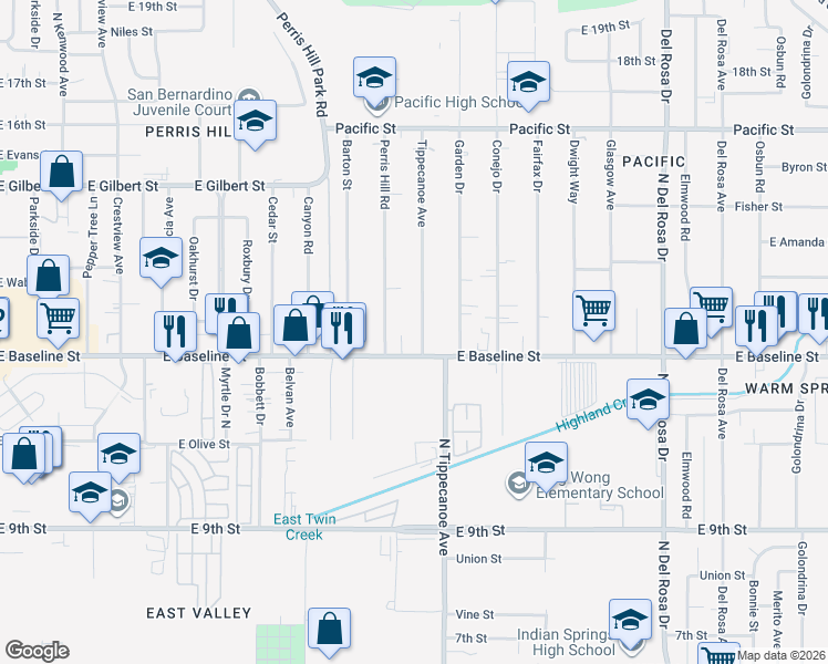 map of restaurants, bars, coffee shops, grocery stores, and more near 7282 Tippecanoe Avenue in San Bernardino