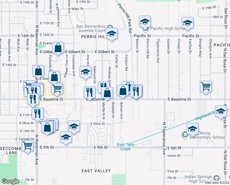 map of restaurants, bars, coffee shops, grocery stores, and more near 850 East Baseline Street in San Bernardino