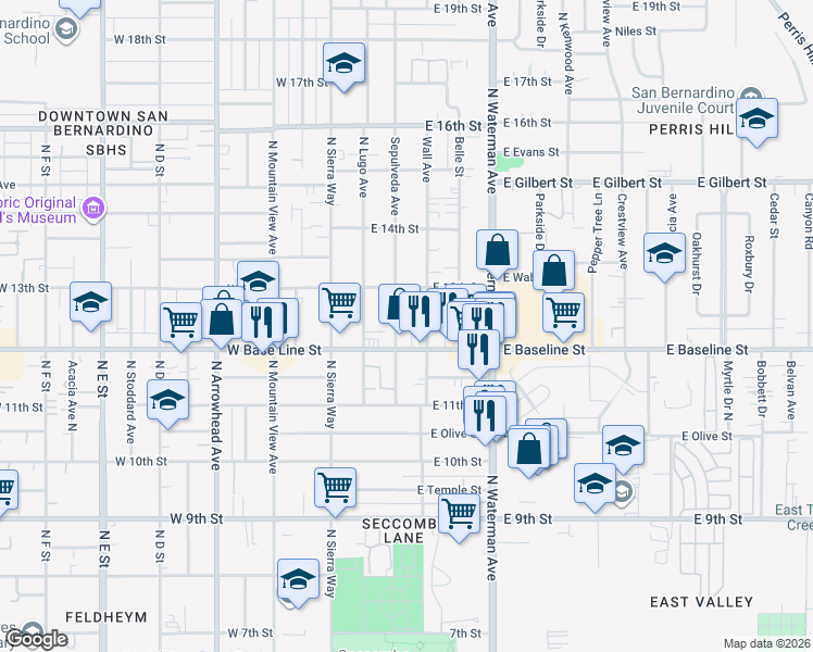 map of restaurants, bars, coffee shops, grocery stores, and more near 1227 Sepulveda Avenue in San Bernardino