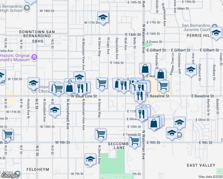 map of restaurants, bars, coffee shops, grocery stores, and more near in San Bernardino