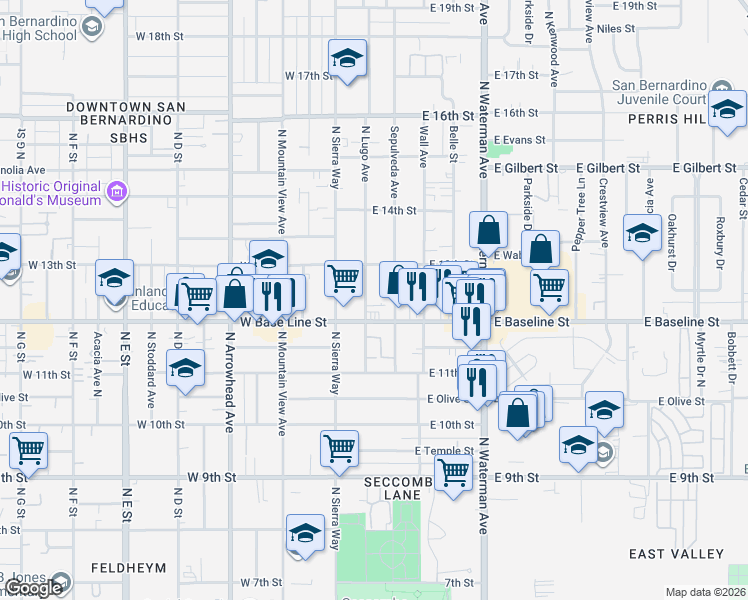 map of restaurants, bars, coffee shops, grocery stores, and more near in San Bernardino