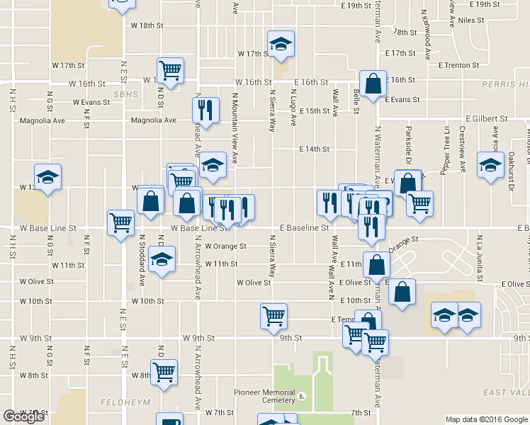 map of restaurants, bars, coffee shops, grocery stores, and more near 1219 North Sierra Way in San Bernardino
