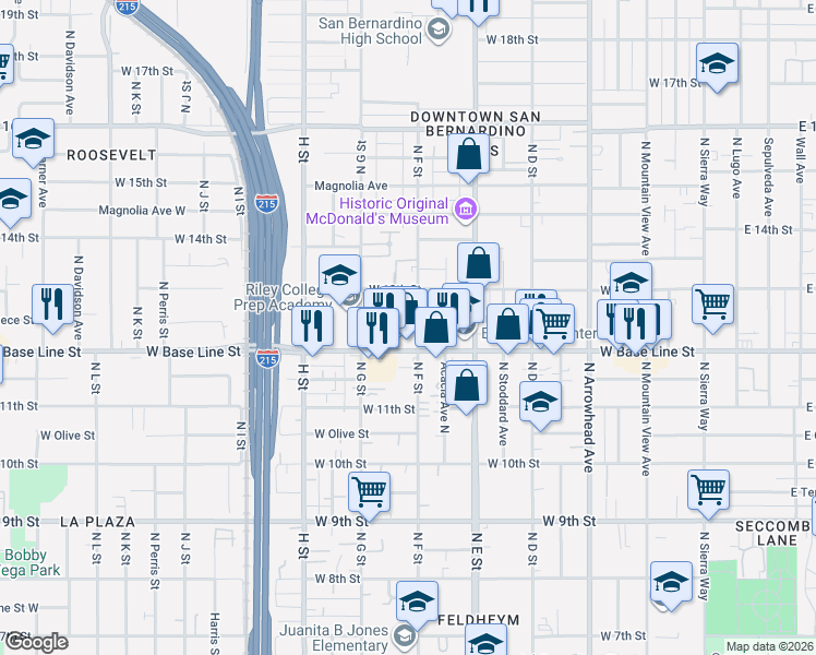 map of restaurants, bars, coffee shops, grocery stores, and more near 1232 North F Street in San Bernardino