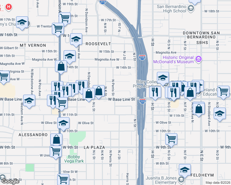 map of restaurants, bars, coffee shops, grocery stores, and more near 1239 North Perris Street in San Bernardino