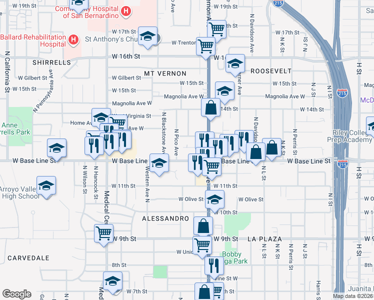 map of restaurants, bars, coffee shops, grocery stores, and more near 1339 Reece Street in San Bernardino