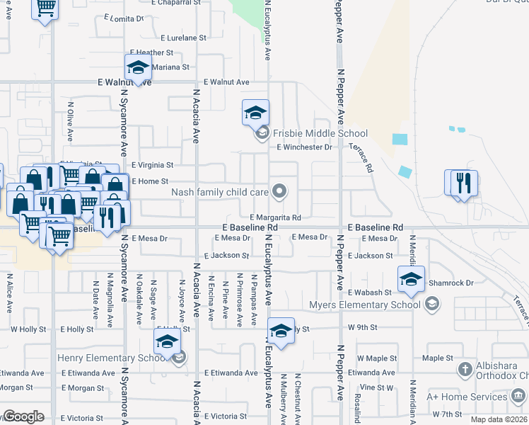 map of restaurants, bars, coffee shops, grocery stores, and more near 1241 North Eucalyptus Avenue in Rialto