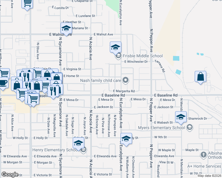 map of restaurants, bars, coffee shops, grocery stores, and more near 1234 North Pampas Avenue in Rialto