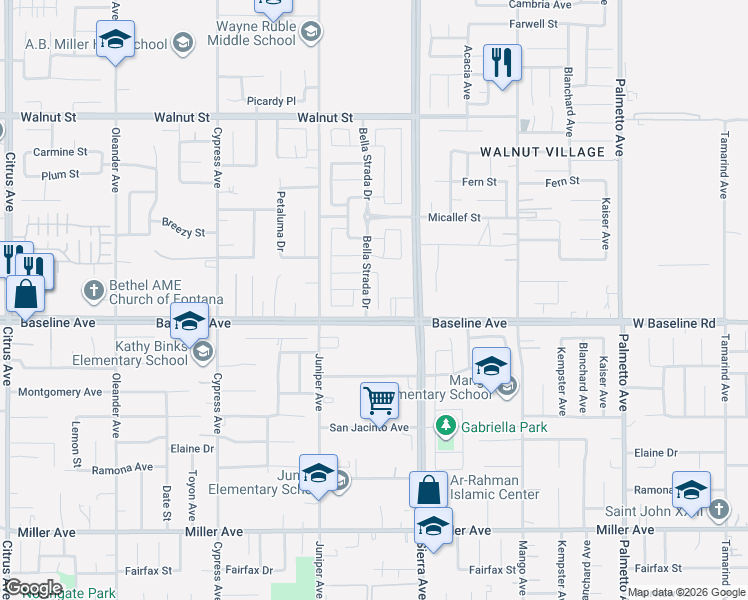 map of restaurants, bars, coffee shops, grocery stores, and more near 7260 Bella Strada Drive in Fontana