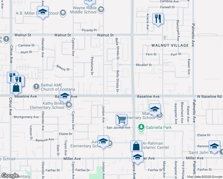 map of restaurants, bars, coffee shops, grocery stores, and more near 7263 Willowmore Drive in Fontana