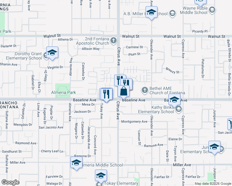 map of restaurants, bars, coffee shops, grocery stores, and more near in Fontana