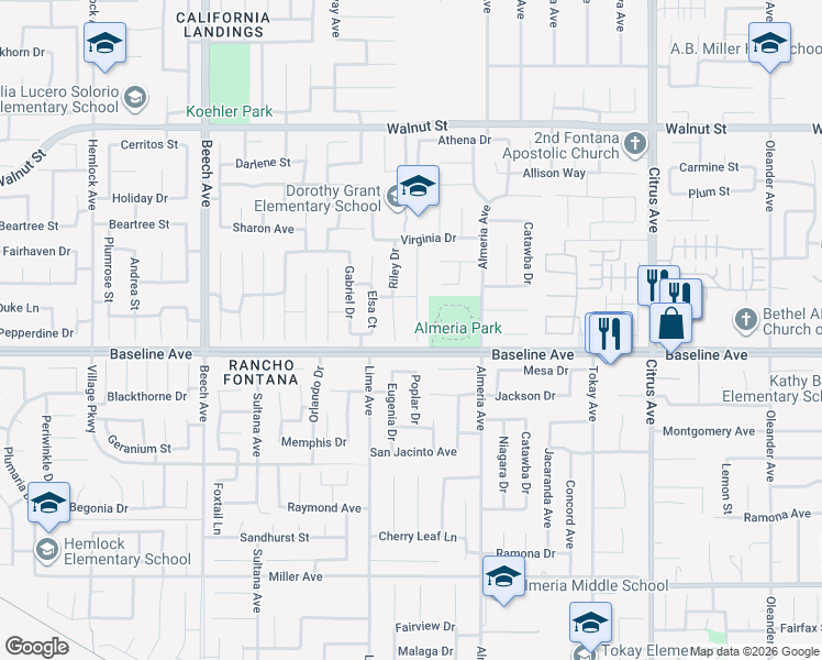 map of restaurants, bars, coffee shops, grocery stores, and more near 7275 Riley Drive in Fontana