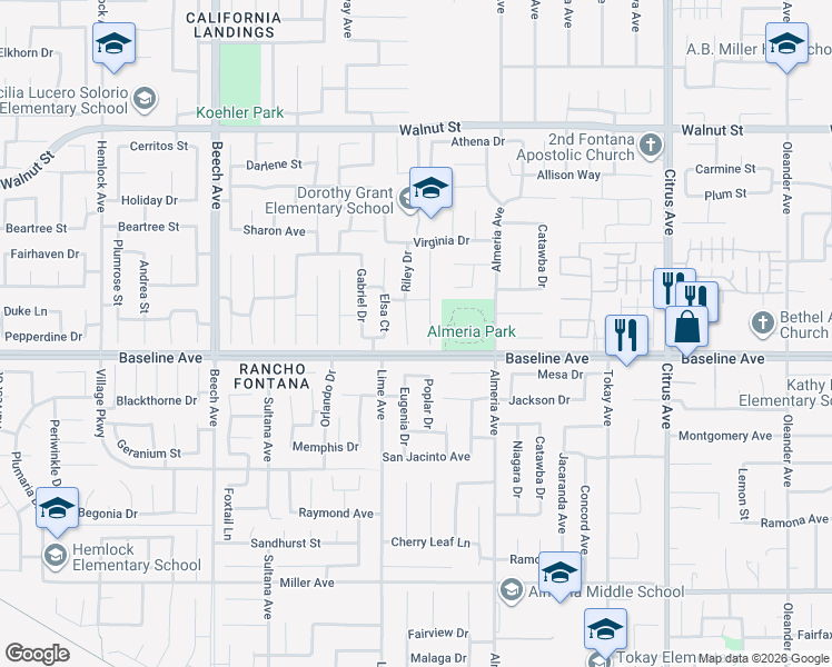 map of restaurants, bars, coffee shops, grocery stores, and more near 7275 Riley Drive in Fontana