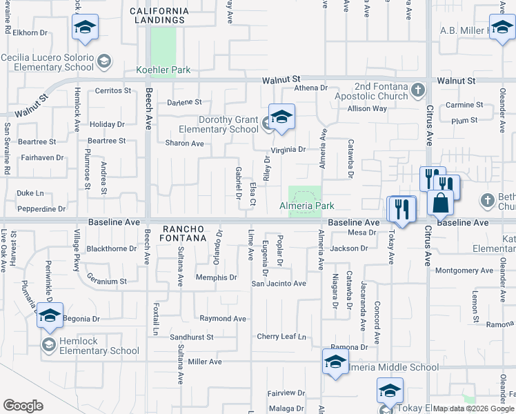 map of restaurants, bars, coffee shops, grocery stores, and more near 7275 Riley Drive in Fontana