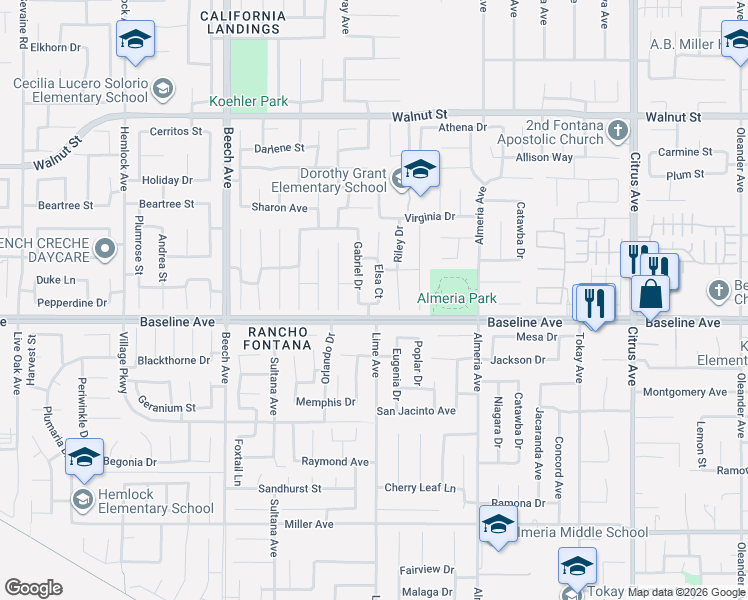 map of restaurants, bars, coffee shops, grocery stores, and more near 7269 Gabriel Drive in Fontana