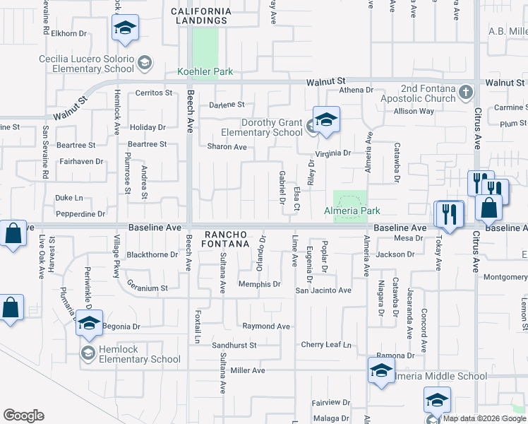 map of restaurants, bars, coffee shops, grocery stores, and more near 7272 Helena Place in Fontana