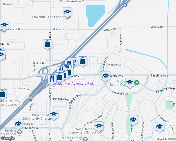 map of restaurants, bars, coffee shops, grocery stores, and more near 13721 Sharon Court in Fontana