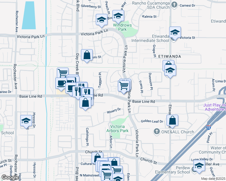 map of restaurants, bars, coffee shops, grocery stores, and more near 7265 Alicante Place in Rancho Cucamonga