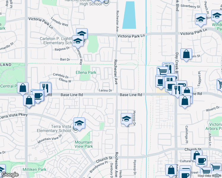 map of restaurants, bars, coffee shops, grocery stores, and more near 7264 Trivento Place in Rancho Cucamonga