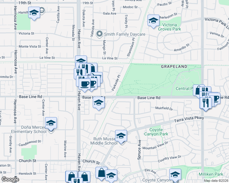 map of restaurants, bars, coffee shops, grocery stores, and more near 7287 Parkside Place in Rancho Cucamonga