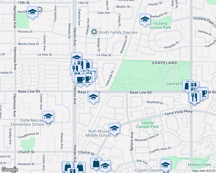 map of restaurants, bars, coffee shops, grocery stores, and more near 7287 Parkside Place in Rancho Cucamonga