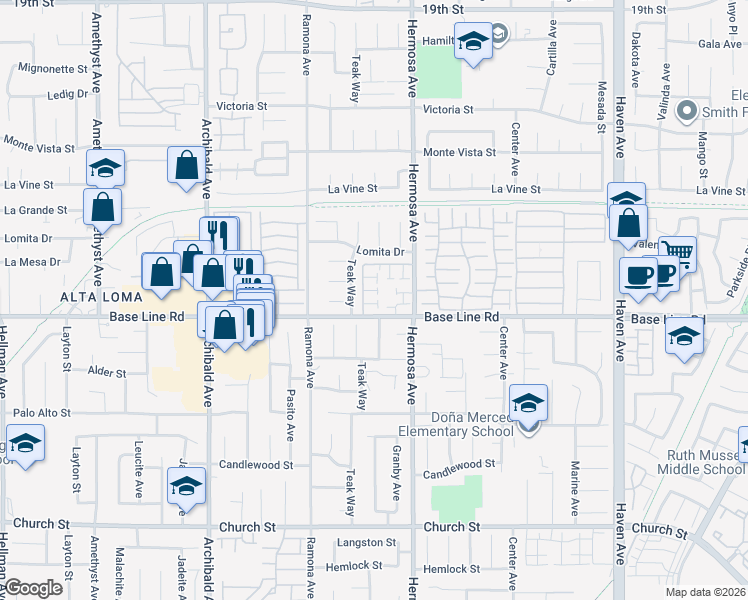 map of restaurants, bars, coffee shops, grocery stores, and more near 10016 1/2 Base Line Road in Rancho Cucamonga