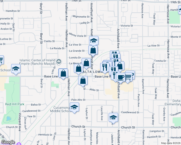 map of restaurants, bars, coffee shops, grocery stores, and more near in Rancho Cucamonga