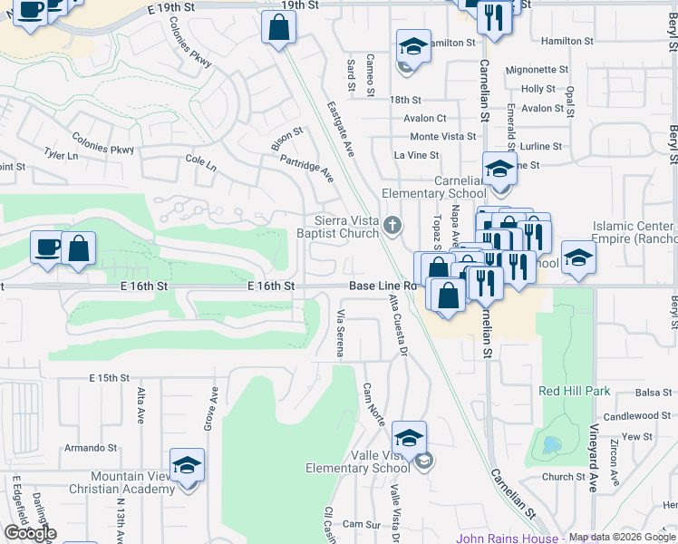 map of restaurants, bars, coffee shops, grocery stores, and more near 8374 Derfer Drive in Rancho Cucamonga
