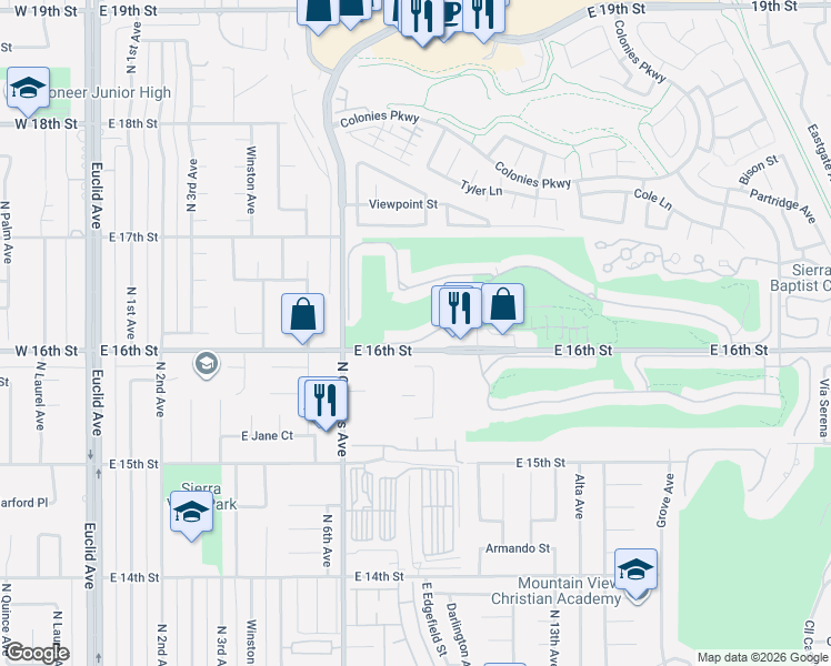 map of restaurants, bars, coffee shops, grocery stores, and more near 931 Saint Andrews Drive in Upland