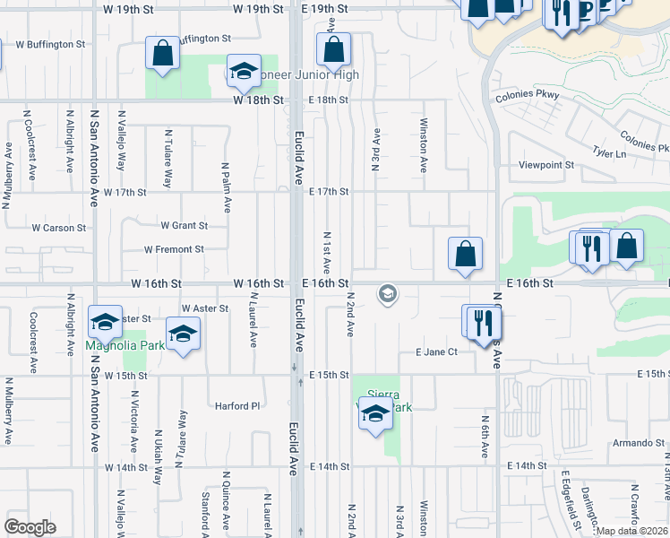 map of restaurants, bars, coffee shops, grocery stores, and more near 1612 North 1st Avenue in Upland